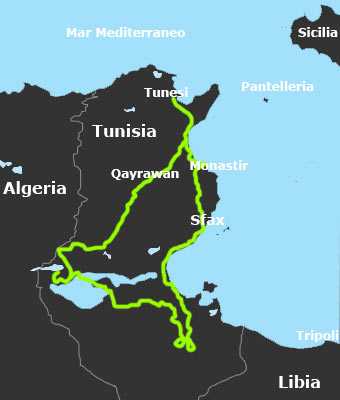 Mappa Tunisia in moto attraverso i paesaggi surreali del Sahara